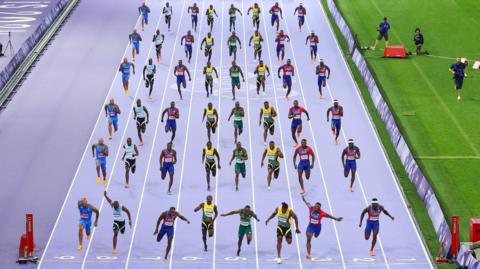 Composite image of the men's 100m final at the Paris Olympics