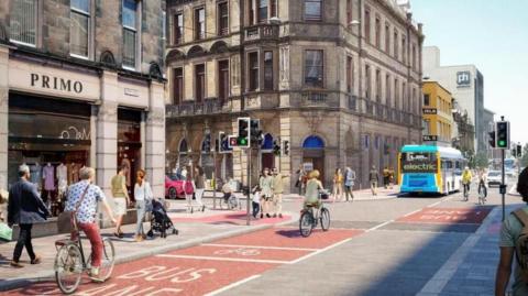 An illustration showing pedestrians, cyclists and a bus on Inverness' Academy Street