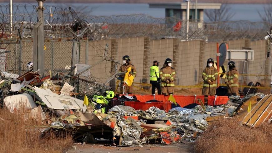 Firefighters, some in brown outfits and some in white and black, search at the wreckage of the Jeju Air aircraft. Their backs at to the camera. The wreckage is barely identifiable as a plane apart from the tail