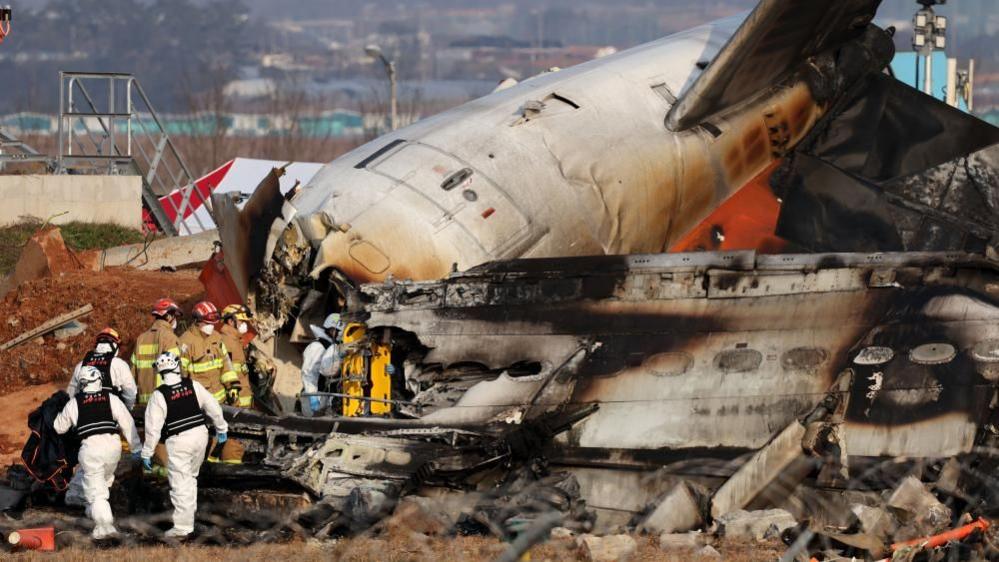 Workers clamber over the wreckage of the crashed jet at Muan airport