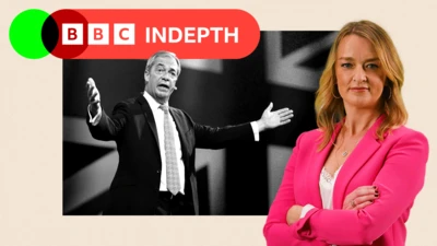 A montage image, showing a black and white picture of Farage with arms outspread. Laura K is pictured to the side of the image.