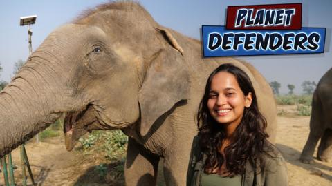 Malaika smiles standing next to an elephant in this episode of Planet defenders.