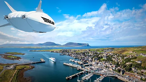 Visualisation of Airlander in sky above harbour town (Credit: HAV)