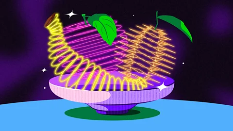 Illustration of fruit represented by neon coloured lines in a bowl (Credit: Estudio Santa Rita)