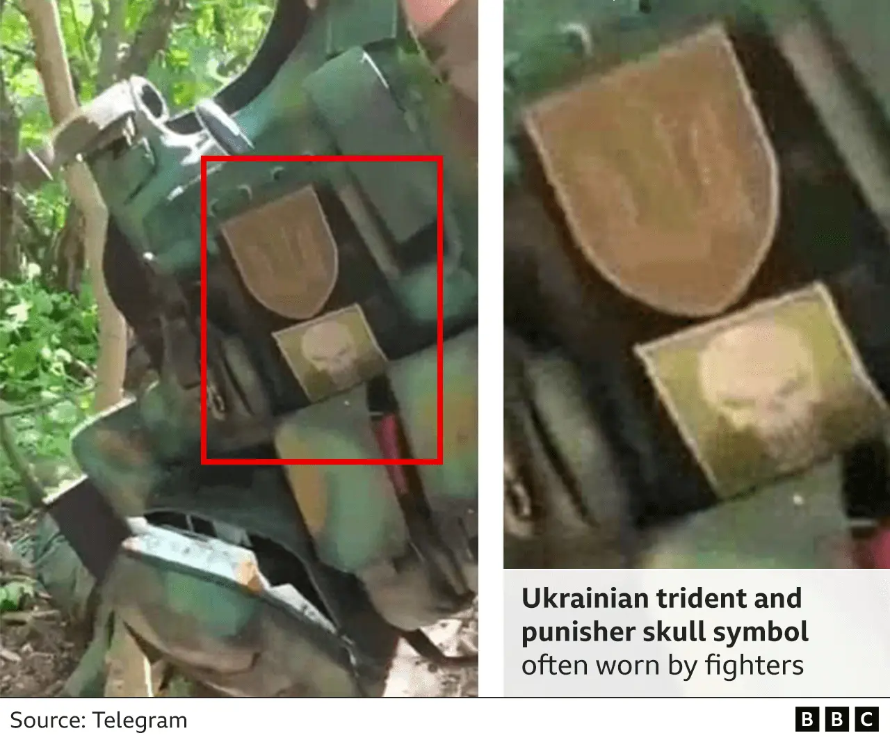 Video frame showing patches worn on a piece of body armour held up in front of the camera