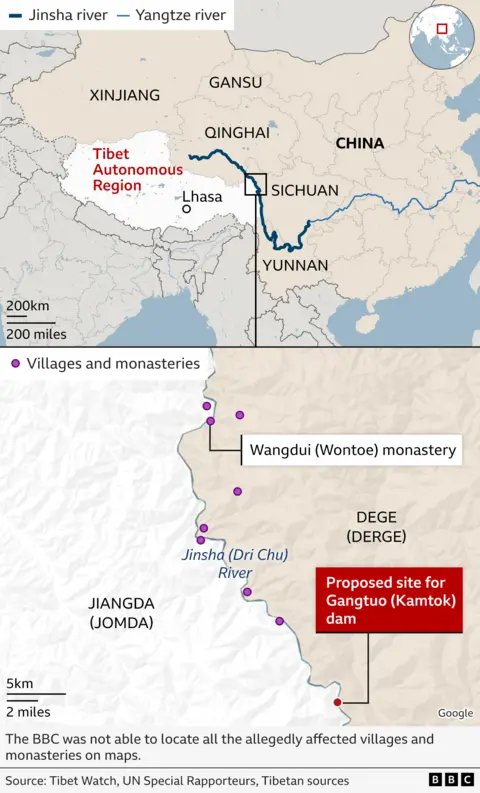 BBC graphic showing location of Gangtuo dam project and affected villages and monasteries