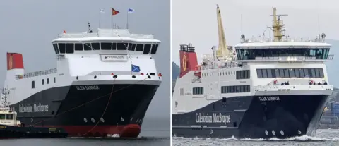 Two views of Glen Sannox. On the left from 2017 the black and white ship with red funnels is at a much earlier stage of development with painted on windows an missing deck structure. On the right, a recent image shows a far more completed vessel.