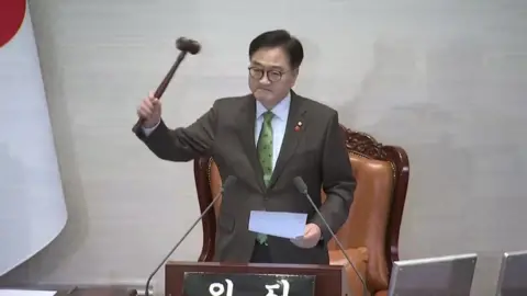 Speaker in South Korea's parliament hold aloft a gavel.