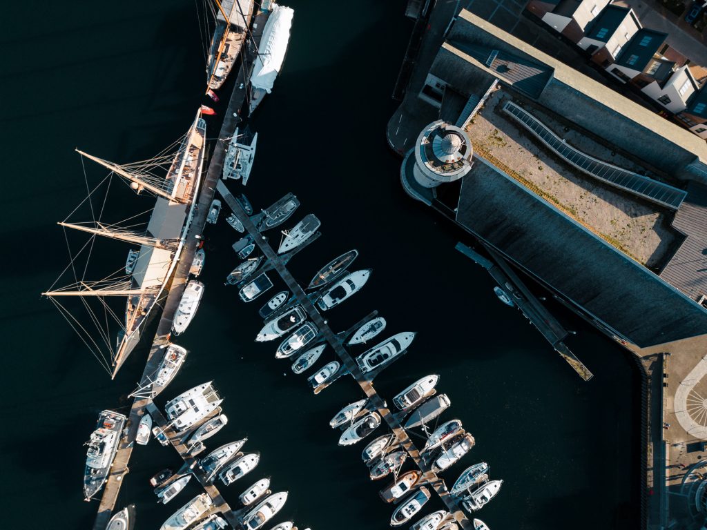 An aerial drone shot of National Maritime Museum Cornwall.