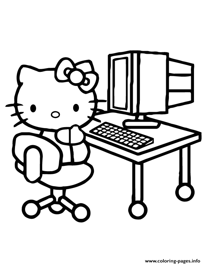 Hello Kitty In Front Of Computer Coloring Pages Printable