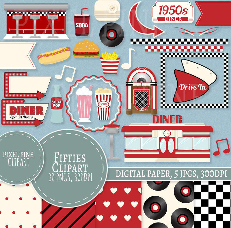 1950s Clipart Set, Red Diner 30 PNGs, 5 1950s Digital Paper JPGs,  Commercial Use.