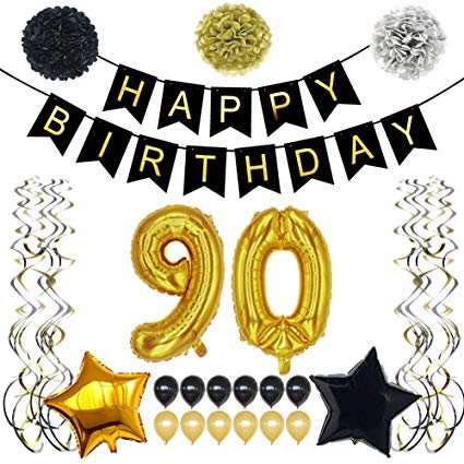 TYLANG 90th Birthday Decorations Party Supplies Gift for Men Women Adult,  Black and Gold Party Supplies Favors for 90 Years Old, Happy Birthday.