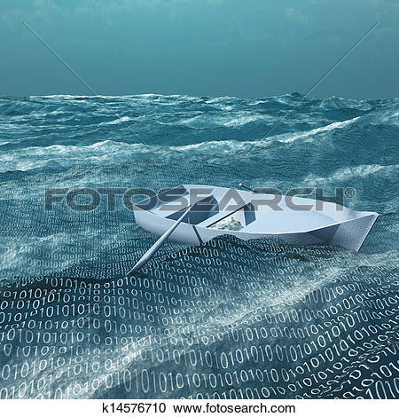 Stock Illustrations of Empty rowboat afloat on binary ocean.