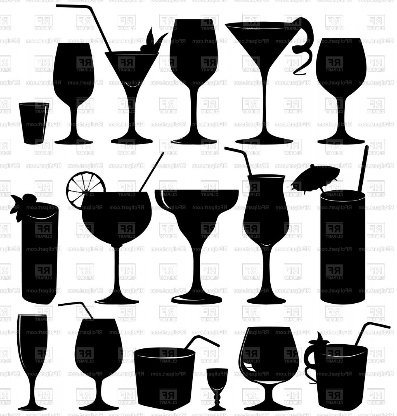 Silhouettes Of Cocktails And Wine Glass Alcohol Vector.