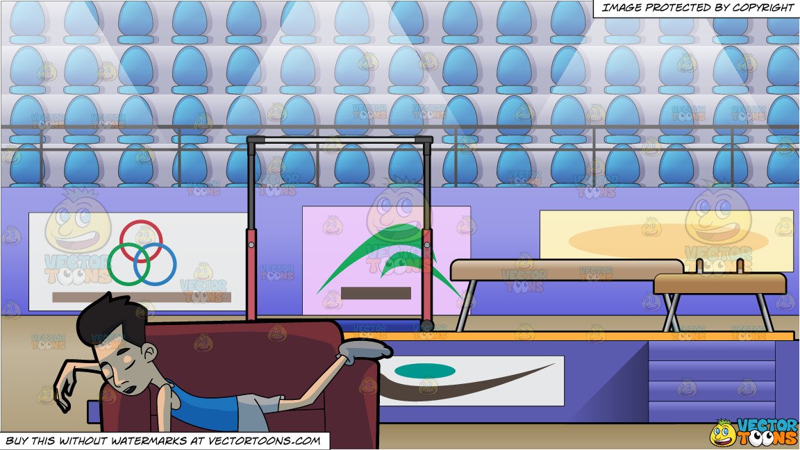 A Guy Sleeping On A Sofa and Competitive Gymnastics Arena Background.