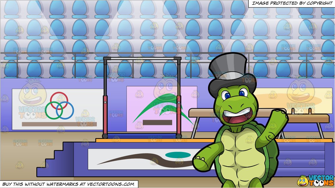 Trevor The Turtle Waving Hello and Competitive Gymnastics Arena Background.