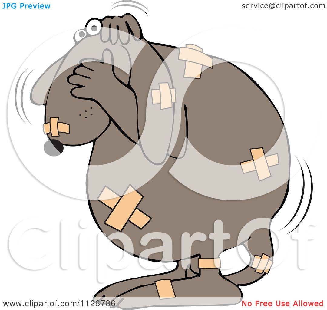 Cartoon Of A Battered Dog Covered In Bandages.