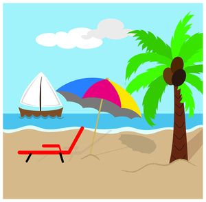 Beach Clipart Image: Tropical Island Scene with Coconut Palm.