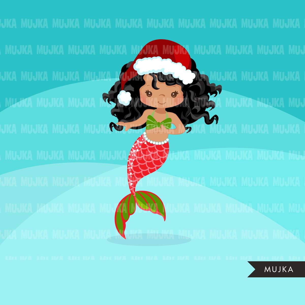 Christmas Mermaid clipart, holiday mermaid graphics, mermaid princess,  birthday party, african american girl, clip art.