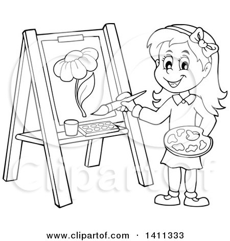 Clipart Of A Cartoon Black And White Lineart Girl Painting A.