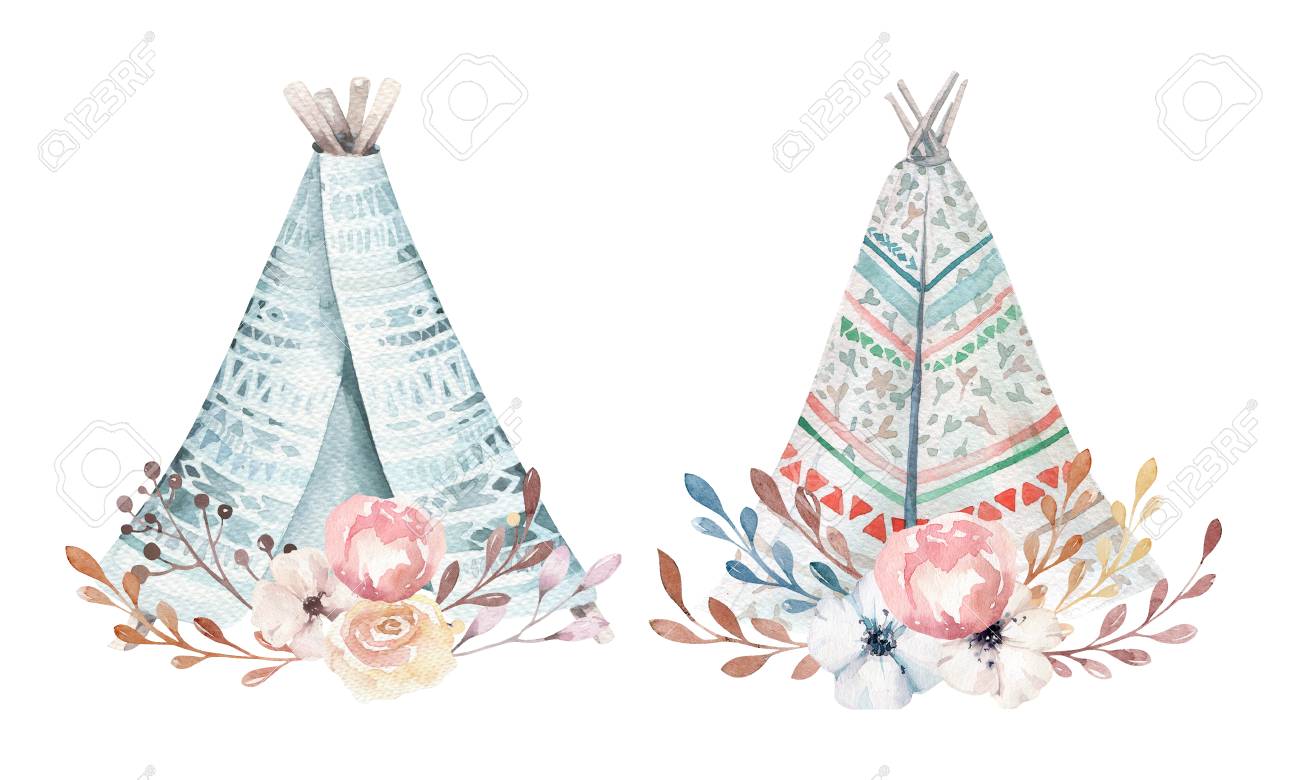 Hand drawn watercolor tribal teepee, isolated white campsite...