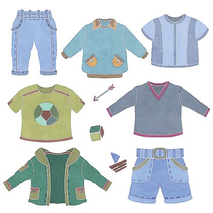 Watercolor children, little boy clothing, toys Clipart Image.