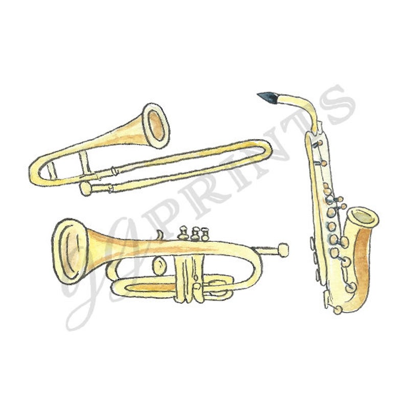 Watercolor Musical Instruments Clipart // Music Clipart // Trumpet  Saxophone Trombone Brass.