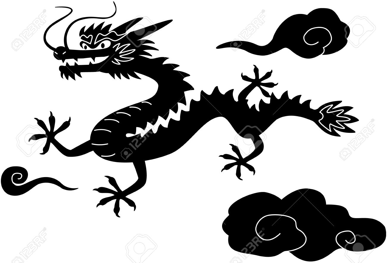 Chinese New Year dragon Black White Clip Art, isolated on white.