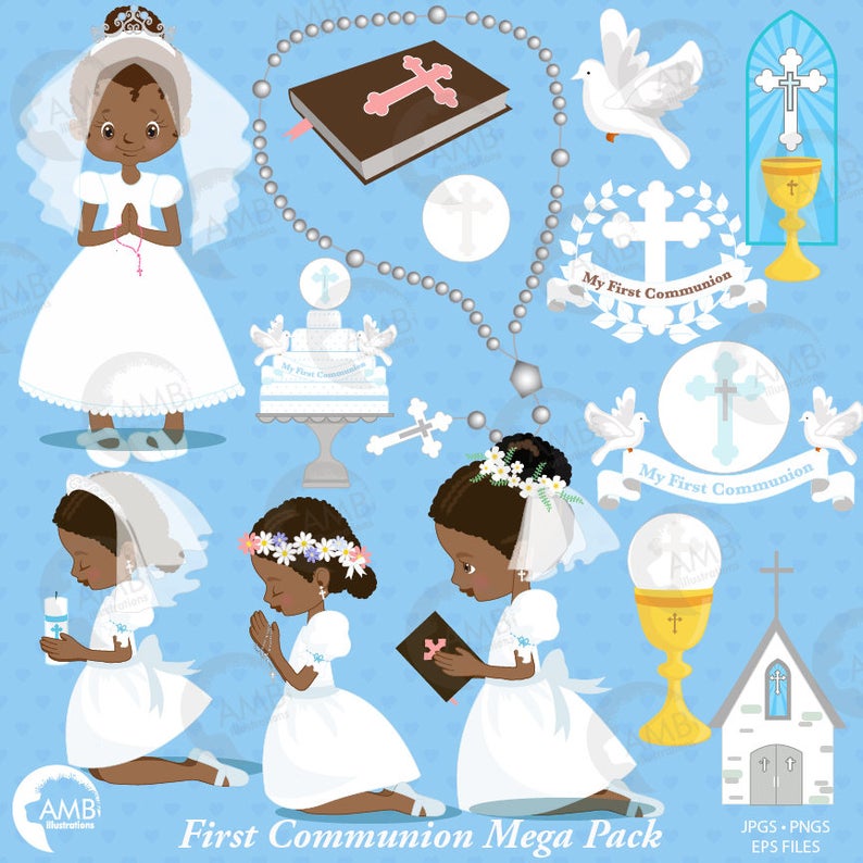 First communion clipart, Christian clipart, African American, Bible,  rosary, create invitations & crafts, commercial use, AMB.