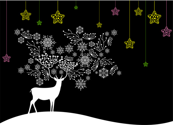 Black white christmas background with deer and coloured.