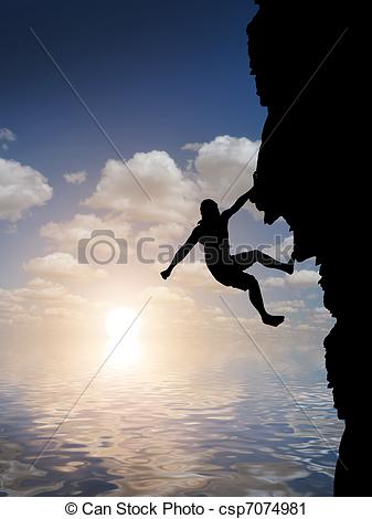 Clipart of man on top of the mountain reaches for the sun.