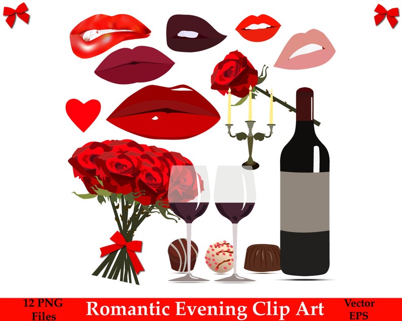 70% OFF SALE Romantic Evening Clip Art, Romantic Clipart, Love Clipart,  Vector Clipart, Heart, Lips, Wine, Roses.