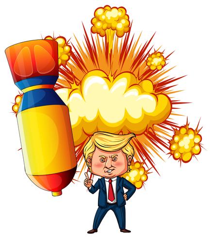 US president Trump with atomic bomb in background.