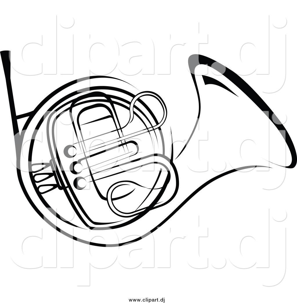 Vector Clipart of a Black and White French Horn by Vector.