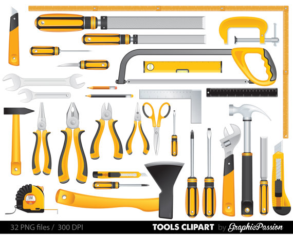 Yellow Tools Clipart Set, Tools Clip art, Digital Files.