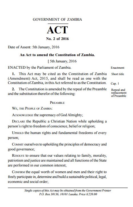 Constitution of Zambia (Amendment) Act, 2015 (5 January 2016.