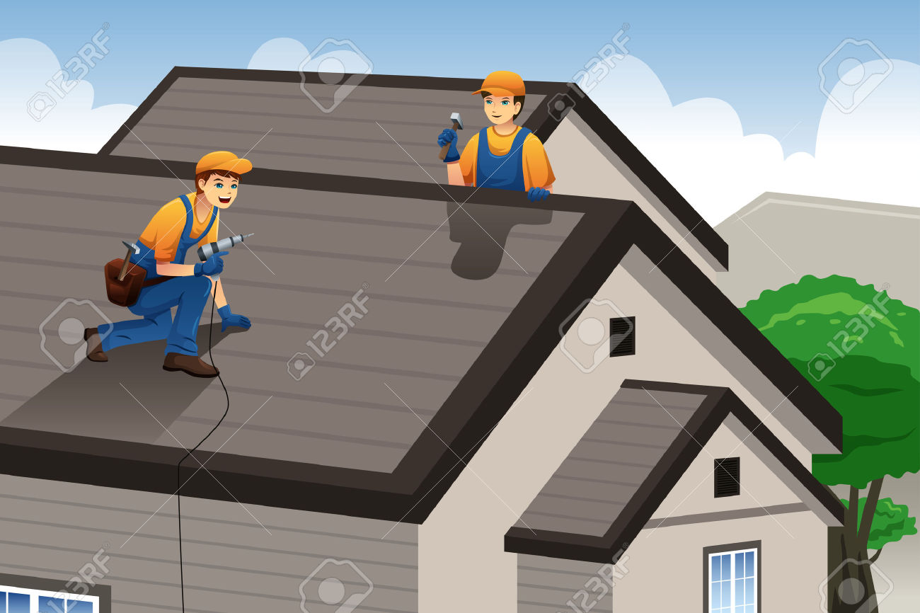 A Illustration Of Roofer Working On The Roof Of A House Royalty.