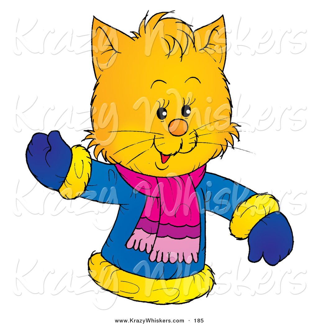 Critter Clipart of a Friendly Yellow Kitty Wearing a Winter Coat.