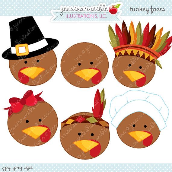 Turkey Faces Cute Thanksgiving Digital Clipart, Commercial.