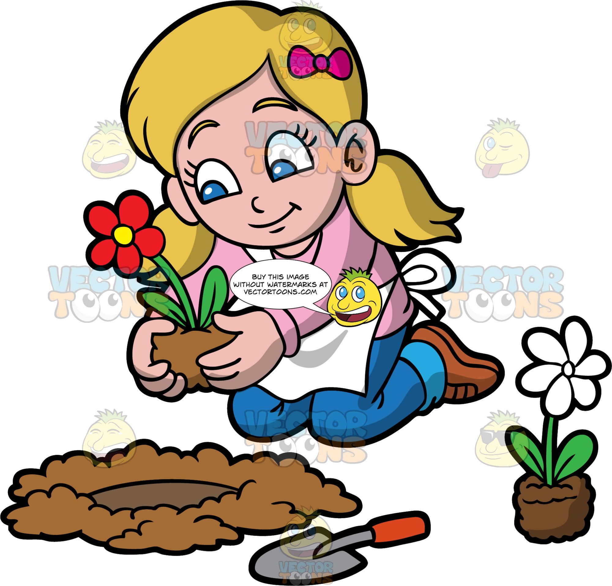 A Girl Planting A Red Flower In A Hole In The Ground.