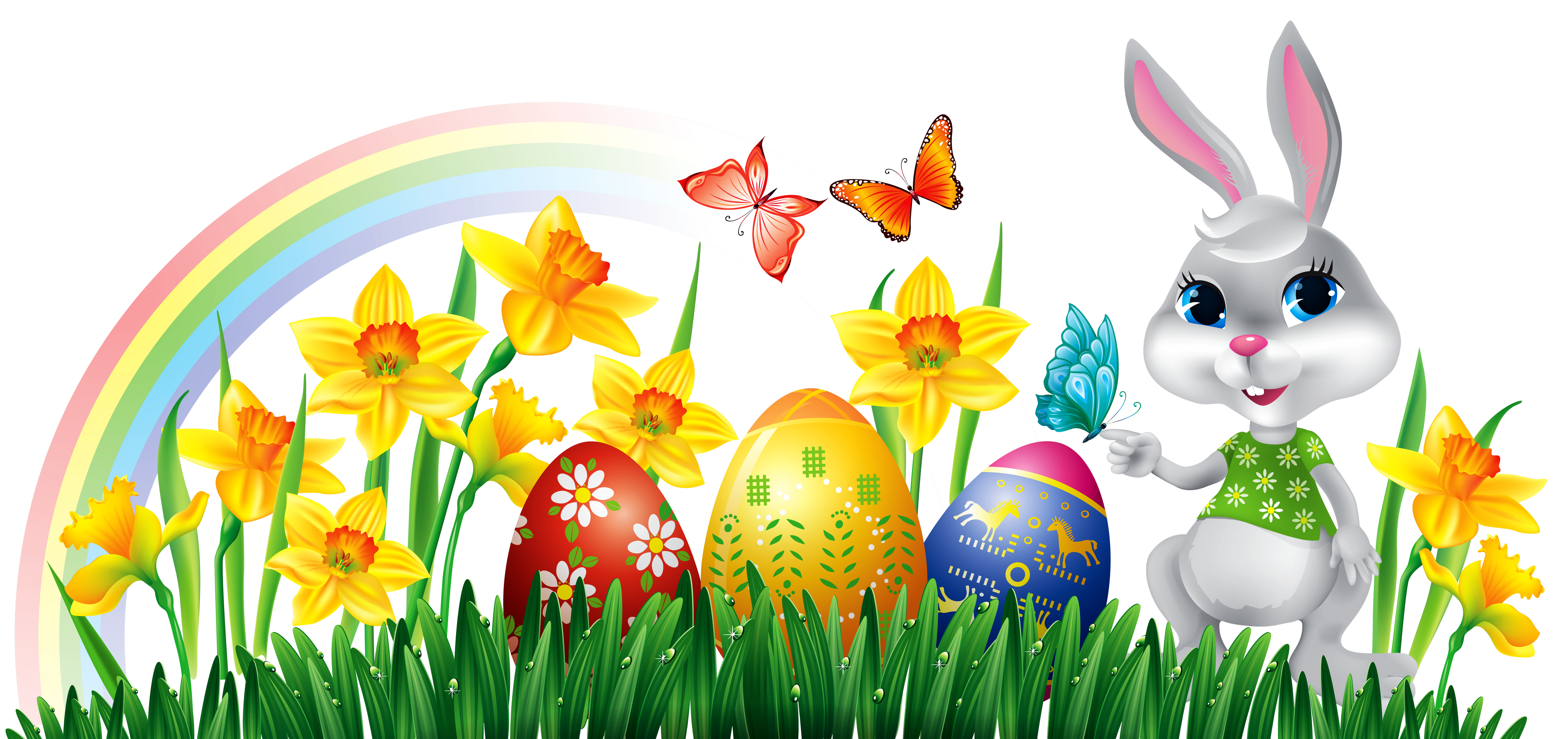 Easter Bunny with Daffodils Eggs and Grass Decor PNG Clipart Picture.