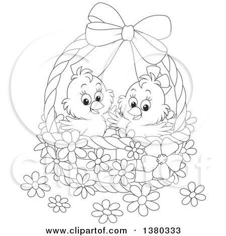 Clipart of a Black and White Basket with Two Cute Easter Chicks and.