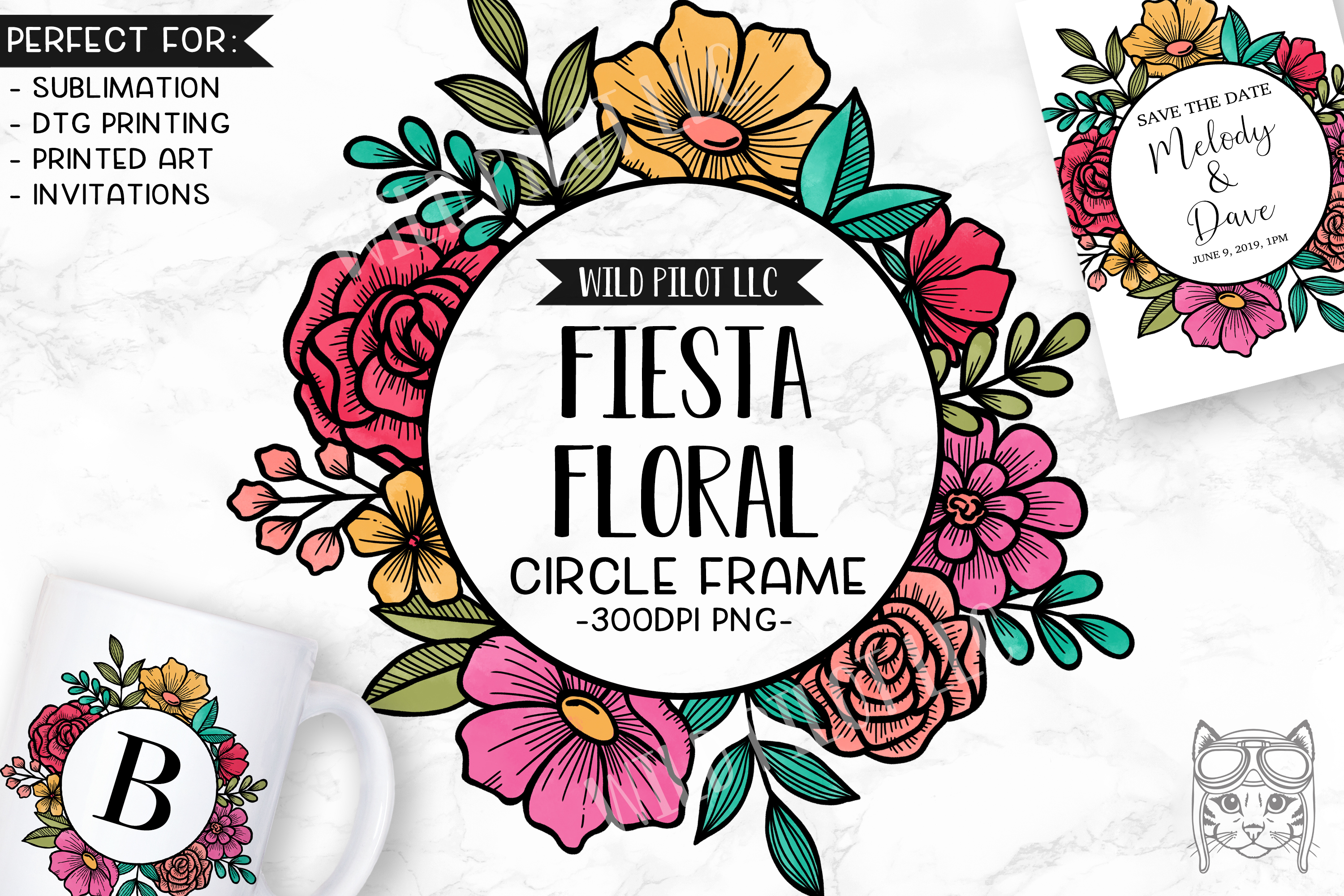 Fiesta Watercolor Flower Frame Clipart, Bright Floral.