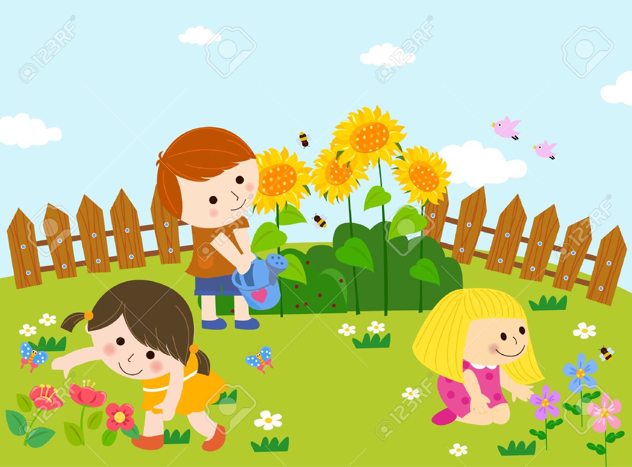 Kids Playing In Garden Clipart.