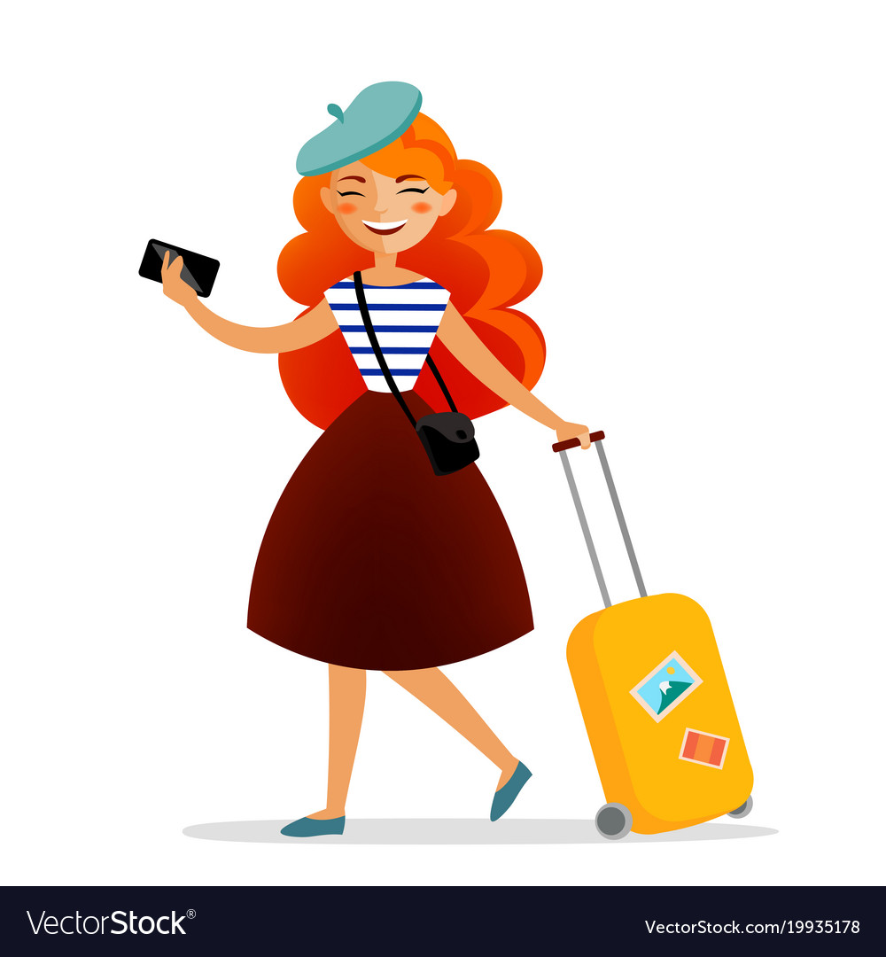 Girl traveler with a suitcase bag and phone with.