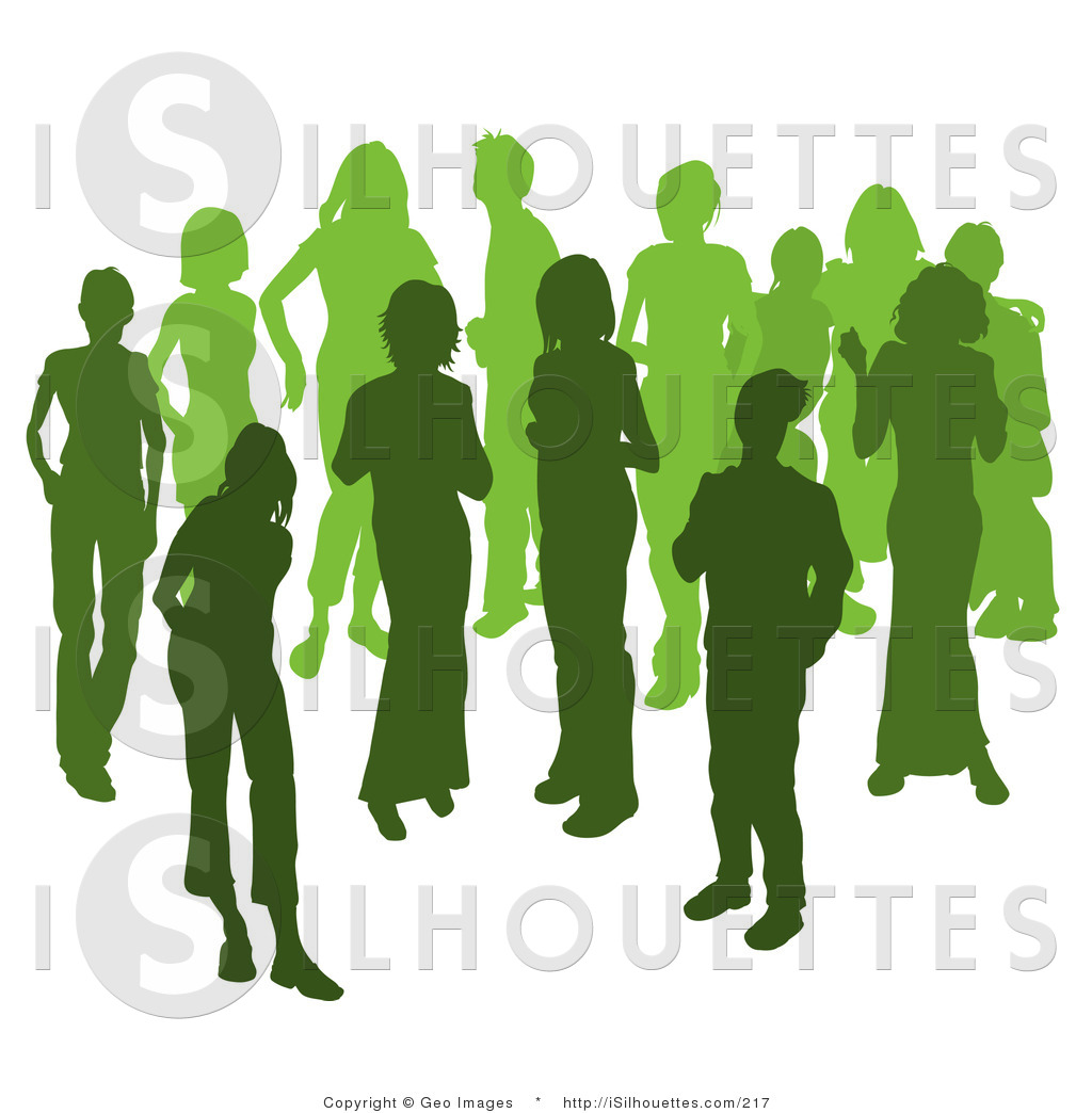 Silhouette Clipart of People Talking in a Crowd of Silhouetted Green.