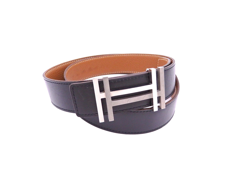 Hermes HERMES belt H logo reversible black x brown x silver metal fittings  leather waist belt buckle men.