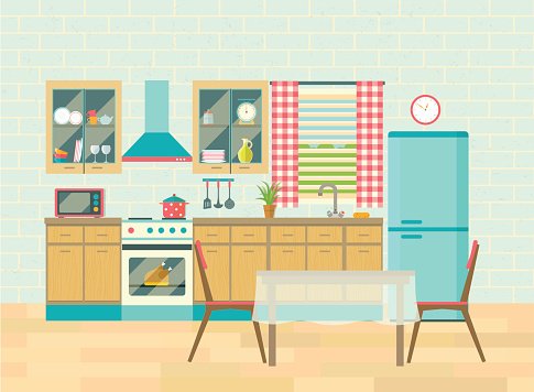 Kitchen interior and dining room poster vector flat.