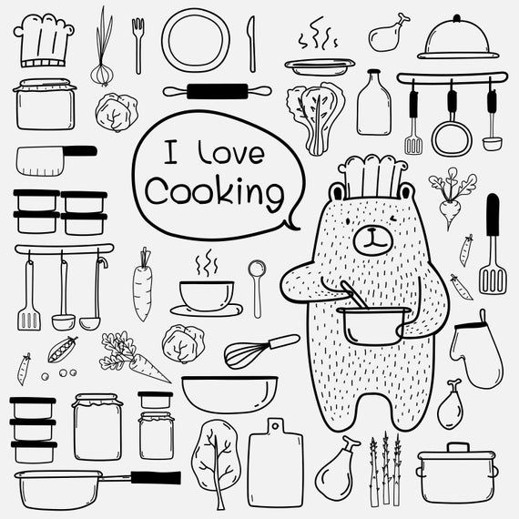 Bear Chef Cooking Clipart, Hand Drawn Doodle Clipart Kitchen.