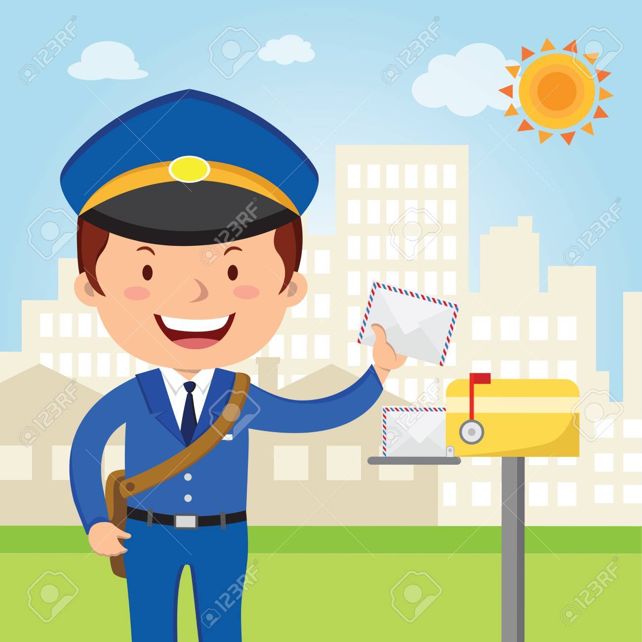 Postman delivery mail. Friendly postman in blue uniform with...